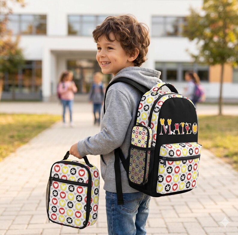 Op de afbeelding: Een zwarte rugzak met patroon en een bijpassende lunchtas. De rugzak heeft een zwarte voorkant met de naam "MATEO" in kleurrijke letters. Het patroon bevat harten, cirkels en andere vormen in rood, geel en grijs op een witte achtergrond.