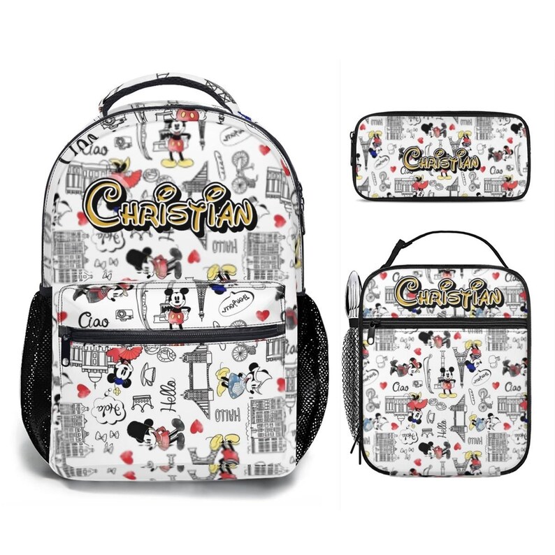 Personalized Mickey Mouse 17in Backpack Bundle with Matching Lunch Bag, Custom Disney Backpack Set Black
