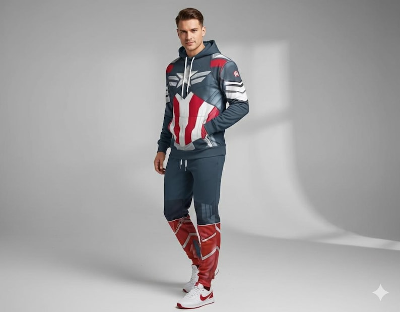 Op de afbeelding: Een marineblauwe hoodie en bijpassende joggingbroek set met een Captain America design. De hoodie heeft een witte ster en rood-witte strepen. De outfit bevat rood-witte laarzen en witte sneakers.