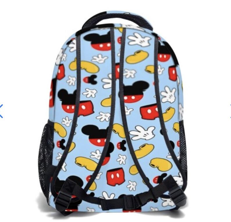 May include: A light blue backpack featuring a repeating pattern of Mickey Mouse's face, gloves, and shoes in red, black, yellow, and white. The backpack has black straps, a handle, and side mesh pockets.
