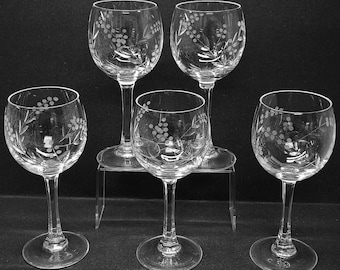 Crystal Wine Glasses by Toscany, Set of 5, Elegant Etched Floral Vintage Stemware, Cut Leaf Flower Barware, Replacement Crystal Goblets