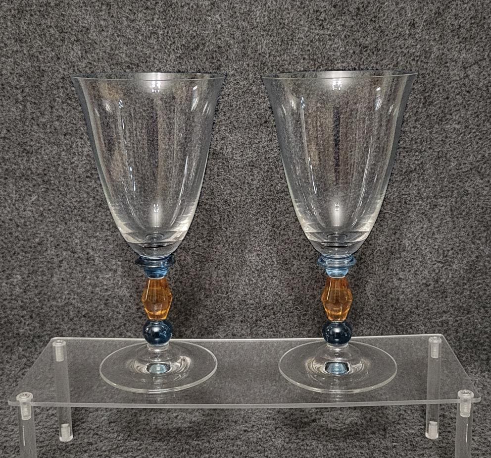 Vintage Mikasa Kensington Crystal Wine Goblets, Amber Blue Stem