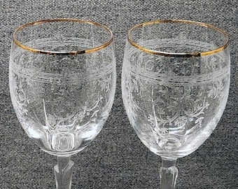Bohemia Crystalex Gold Trim Etched Wine Glasses and Water Goblets, Vintage Czech Crystal Stemware, Alessa or Etoile Replacement Sets