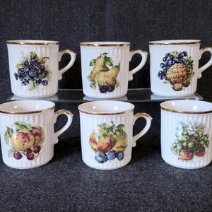 Peut inclure: Un ensemble de six tasses en porcelaine blanche avec des textures nervurées verticales et des bords dorés. Chaque tasse présente une illustration botanique unique et colorée de divers fruits, dont raisins, poires, ananas, pommes, prunes et baies.