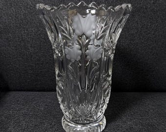 Vintage Anna Hutte Crystal Vase | 24% Lead Crystal, Frosted Floral Decor
