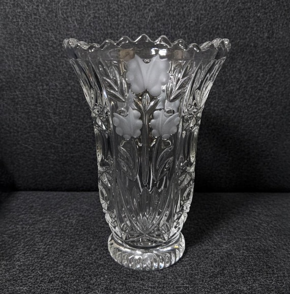 Vintage Anna Hutte Crystal Vase | 24% Lead Crystal, Frosted Floral Decor