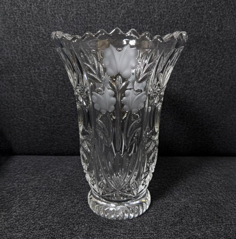 Vintage Anna Hutte Crystal Vase | 24% Lead Crystal, Frosted Floral Decor image 1