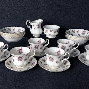 Vintage Royal Albert Sweet Violets 22 pc. Tea Set | English Bone China | 1960s Floral | Violet Floral Gold Trim | Afternoon Tea Decor