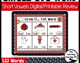 Omcirkel het CVC-woord Interactieve Google-presentaties | Korte klinker ( A E I O U ) Phonics-activiteiten | Werkbladen kleuterschool en eerste leerjaar
