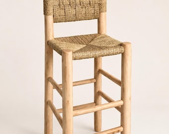 Tabouret en bois massif et fibres naturelles, tabouret artisanal, tabouret bohème, chaise haute, décoration naturelle