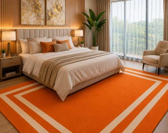 Orange Geometric Area Rug | Soft Contemporary Border Carpet for Bedroom
