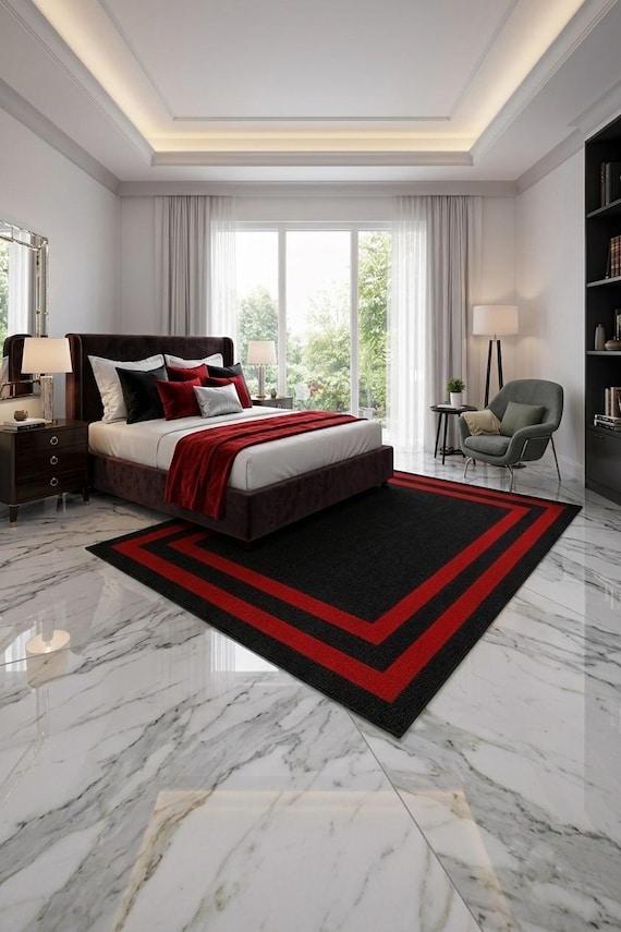 Black Red Geometric Area Rug, Modern Luxury Carpet, Bold Statement Home Decor