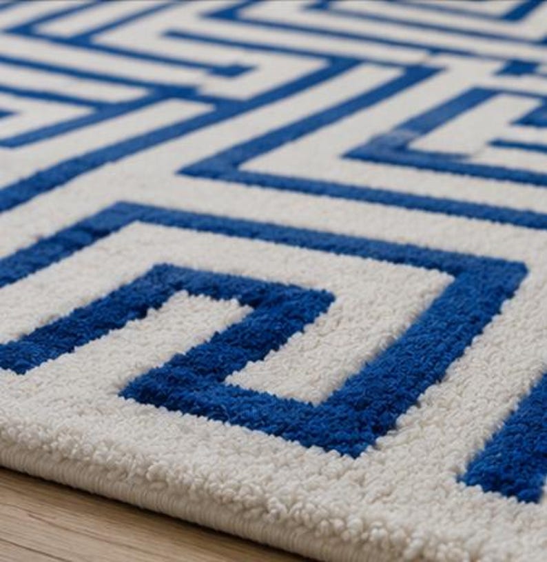 Patterned Rug Close Up Navy Blue Ivory Geometric Area Rug, Greek Key Maze Pattern, Modern ...