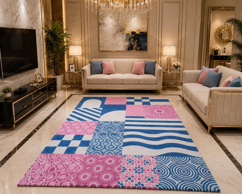 Hand-tufted Wool Patchwork Rug, Blue Pink Abstract Geometric Carpet ...