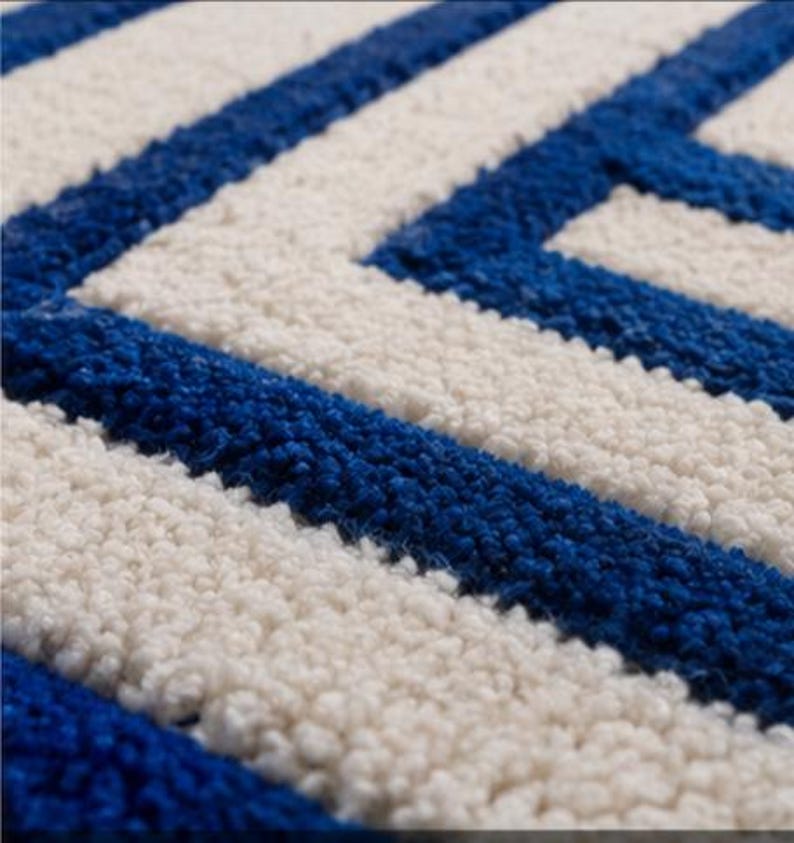Patterned Rug Close Up Navy Blue Ivory Geometric Area Rug, Greek Key Maze Pattern, Modern ...