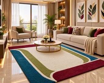 May include: A rectangular area rug featuring a large cream-coloured centre bordered by curved bands of olive green, deep teal, and burgundy. The rug has a textured pile surface and is positioned on a polished light-coloured floor in a living room.