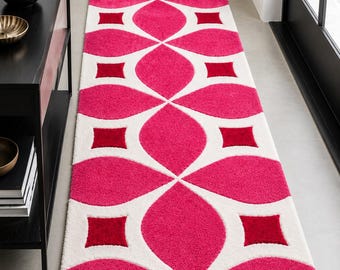 Modern Pink White Red Geometric Runner Rug | Soft Plush Hallway Carpet | Contemporary Floor Runner for Entryway Bedroom Living Room