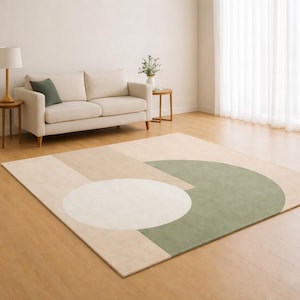 Modern Abstract Area Rug, Sage Green Cream Geometric, Neutral Minimalist Living Room Home Decor