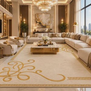 May include: A large rectangular area rug featuring a cream-colored base with intricate gold-toned scrollwork patterns in the corners and a geometric Greek key border design. The rug is positioned in a spacious living room with light-colored furniture.