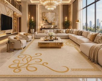 May include: A large rectangular area rug featuring a cream-coloured base with intricate gold-toned scrollwork patterns in the corners and a geometric Greek key border design. The rug is positioned in a spacious living room with light-coloured furniture.