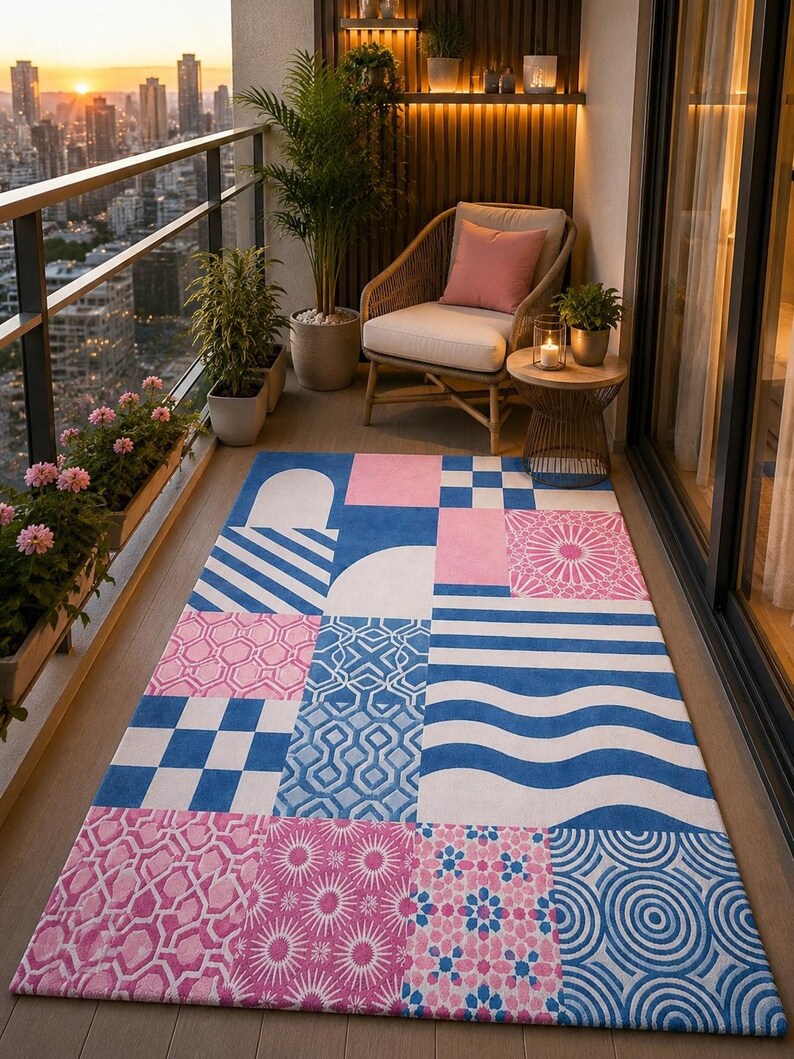 Hand-tufted Wool Patchwork Rug, Blue Pink Abstract Geometric Carpet ...