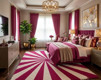 May include: A bedroom featuring a magenta and white sunburst patterned area rug, a magenta upholstered bed with matching pillows, a beige throw blanket, magenta curtains, a gold chandelier, and a floral wall art piece above the headboard.
