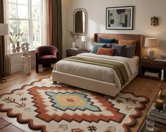 May include: A large area rug with a scalloped edge featuring a geometric pattern in cream, rust orange, teal, and yellow. The design includes arrow motifs and hash symbols arranged in a symmetrical, layered diamond layout on a light background.