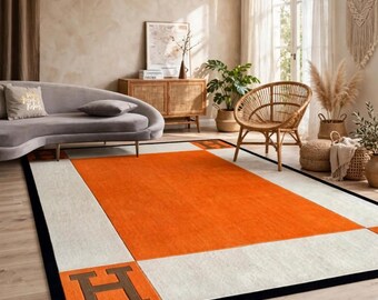 Orange Geometric Area Rug, Modern Cream Border Carpet with Bold Abstract Design