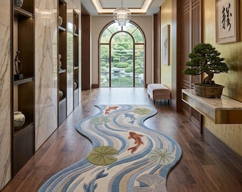May include: A long, winding area rug featuring a blue and cream water-like pattern with orange and blue koi fish motifs and green lily pads. The rug is placed on a dark wood floor in a hallway with marble walls, a bonsai tree, and glass lighting.