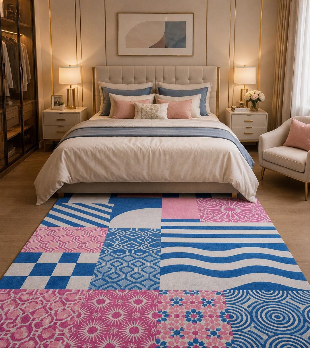 Hand-tufted Wool Patchwork Rug, Blue Pink Abstract Geometric Carpet ...
