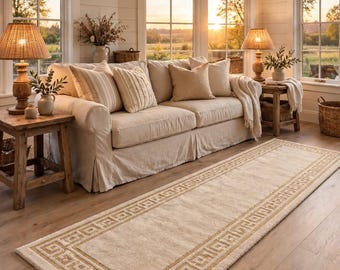 Luxury Cream Beige Greek Key Runner Rug, Handmade Wool Carpet, Elegant Modern Hallway Rug, Ivory Gold Border Rug