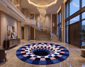 May include: A large circular area rug featuring a 3D optical illusion pattern of a deep black hole. The rug is composed of concentric rings of squares in shades of navy blue, light blue, white, and soft pink, creating a tunnel effect.
