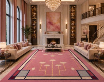 May include: A large rectangular area rug featuring a pink base with a geometric pattern of gold lines, dark blue borders, and grey corner accents. The rug is centred in a room with two beige sofas, a fireplace, and a crystal chandelier.