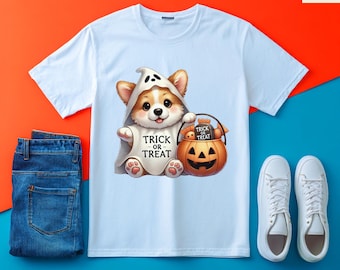 Halloween Ghost Corgi png, Trick or Treat-hond met pompoensnoepemmer, schattige grappige dierenliefhebber clipart, spookachtige seizoen sublimatie png