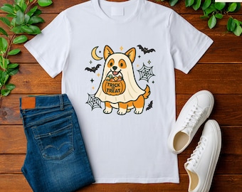 Halloween Corgi Ghost png, Trick or Treat-hond png, leuke grappige Corgi-clipart, griezelige seizoen huisdierliefhebber sublimatie, pompoen snoepzakje ontwerp