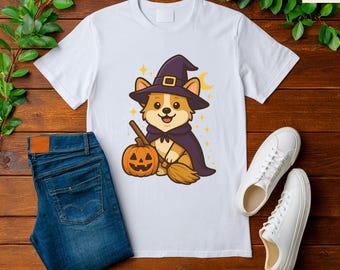 Halloween heks Corgi png, schattige hond in magische hoed met pompoen en bezem, grappige cartoon dierenliefhebber clipart, spookachtig seizoen sublimatiebestand