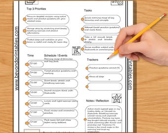 May include: A planner page with a study schedule, including time slots for tasks like reviewing formulas, practice questions, and breaks. A hand holds a pencil, ready to write. The page includes the website address www.beyondprintables.com.