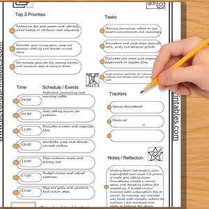 Könnte beinhalten: Eine druckbare Planerseite mit Abschnitten für Top-Prioritäten, Aufgaben, Zeit, Zeitplan, Tracker und Notizen. Die Seite enthält Text und Aufzählungszeichen, mit einer Hand, die einen Bleistift hält.