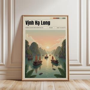 Ha Long Bay Vietnam Travel Poster, Limestone Karst Islands Sunset Print, UNESCO Seascape Wall Art, Vintage Asia Coastal, Instant Download