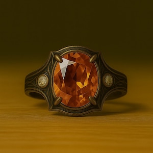 Art Nouveau Orange Crystal Ring: Antique Bronze Gothic Signet