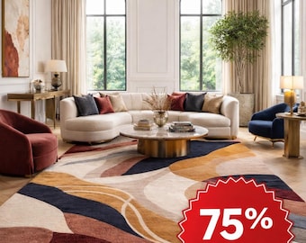 Hand Tufted Wool Abstract Area Rug, Burgundy Navy Camel Home Decor