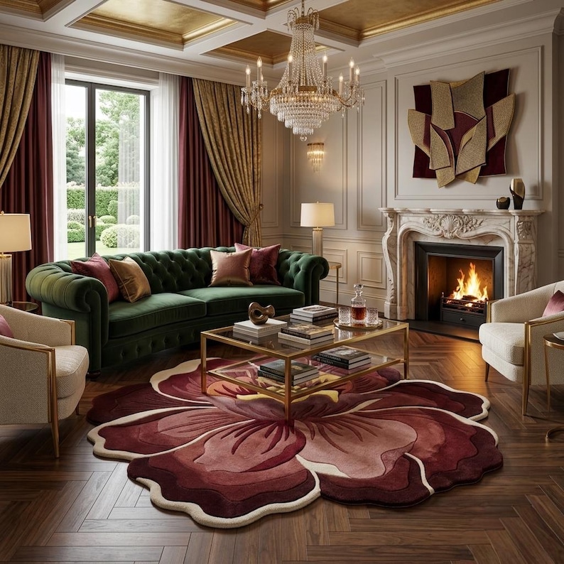 May include: A large, flower-shaped area rug featuring layered, scalloped petals in shades of deep burgundy, maroon, and soft pink. The rug is positioned on a dark wood floor in a living room with a green tufted sofa, gold coffee table, and fireplace.