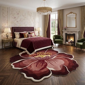 May include: A large, circular area rug shaped like a blooming flower with layered petals in shades of deep burgundy, maroon, and soft pink, featuring a cream-colored border, placed on a dark brown herringbone wood floor in a bedroom setting.