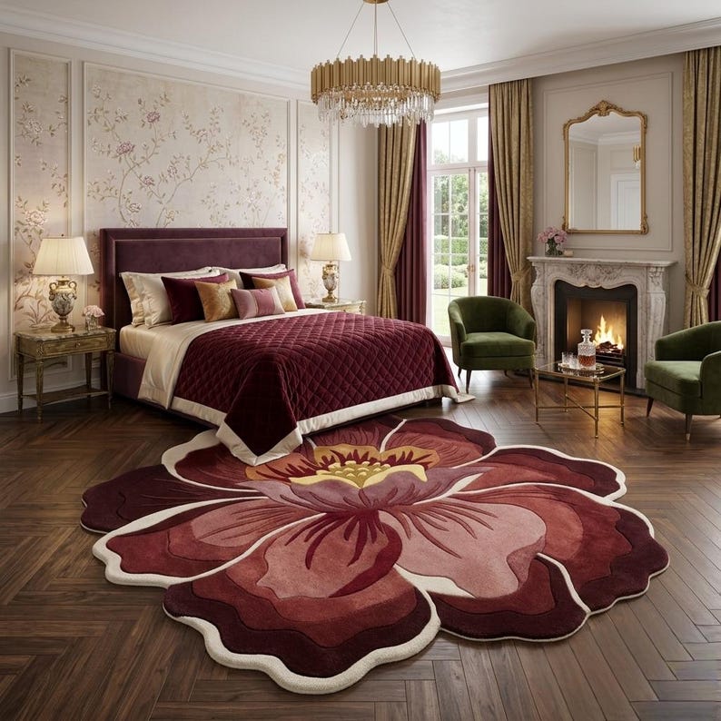 May include: A large, circular area rug shaped like a blooming flower with layered petals in shades of deep burgundy, maroon, and soft pink, featuring a cream-colored border, placed on a dark brown herringbone wood floor in a bedroom setting.