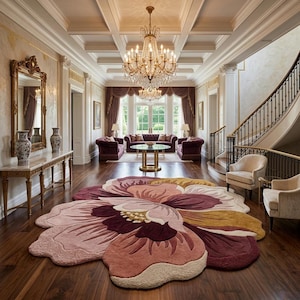 May include: A large, floral-shaped area rug featuring layered petals in shades of deep burgundy, dusty rose, soft pink, and golden yellow. The rug is positioned on a dark hardwood floor in a grand foyer with a crystal chandelier and staircase.