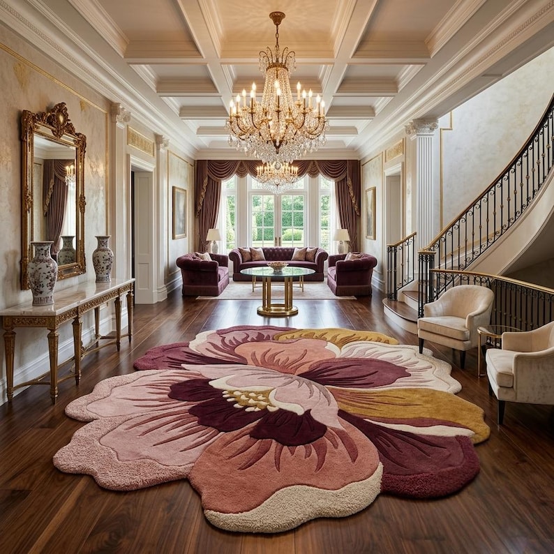 May include: A large, floral-shaped area rug featuring layered petals in shades of deep burgundy, dusty rose, soft pink, and golden yellow. The rug is positioned on a dark hardwood floor in a grand foyer with a crystal chandelier and staircase.