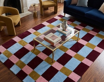 Hand-Tufted Wool Checkerboard Plaid Rug, Jewel Tone Burgundy Blue Pink Area Rug