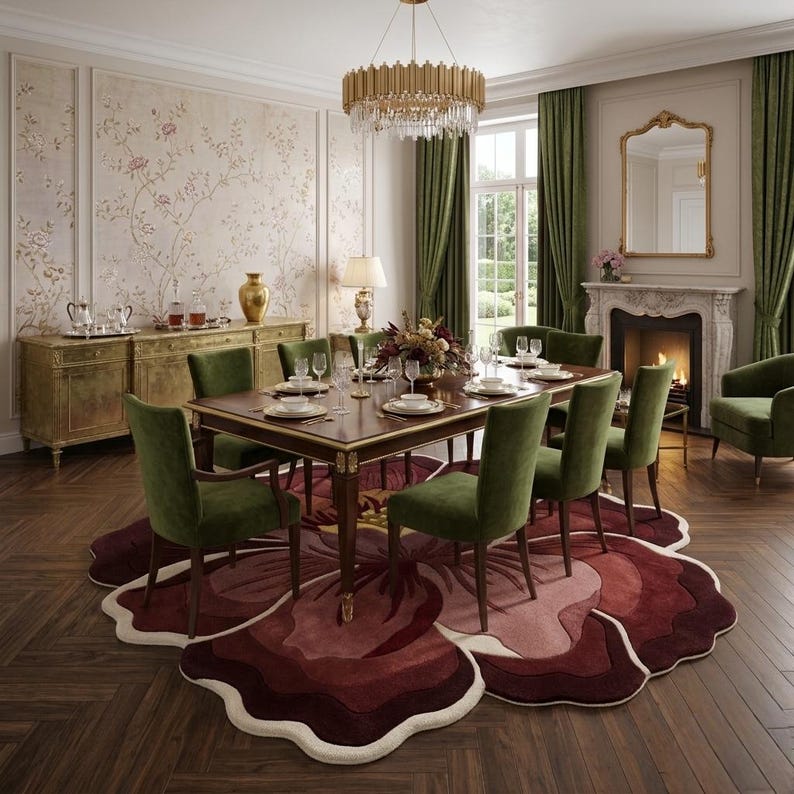 May include: A large, dark wood dining table with gold accents, surrounded by six green velvet upholstered chairs. The table sits on a large, petal-shaped area rug featuring layered shades of deep red, burgundy, and cream on a dark wood floor.