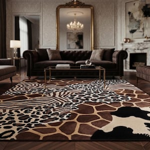 Animal Print Patchwork Rug, Safari Zebra Leopard Giraffe Cowhide Mosaic Area Rug, Tufted Wild Animal Print Carpet, Boho Eclectic Home Decor