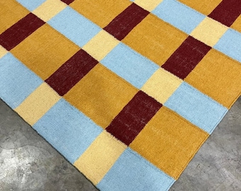 Handwoven Flatweave Kilim Rug | Mustard Blue Burgundy Plaid Checkered Geometric Area Rug 8x10